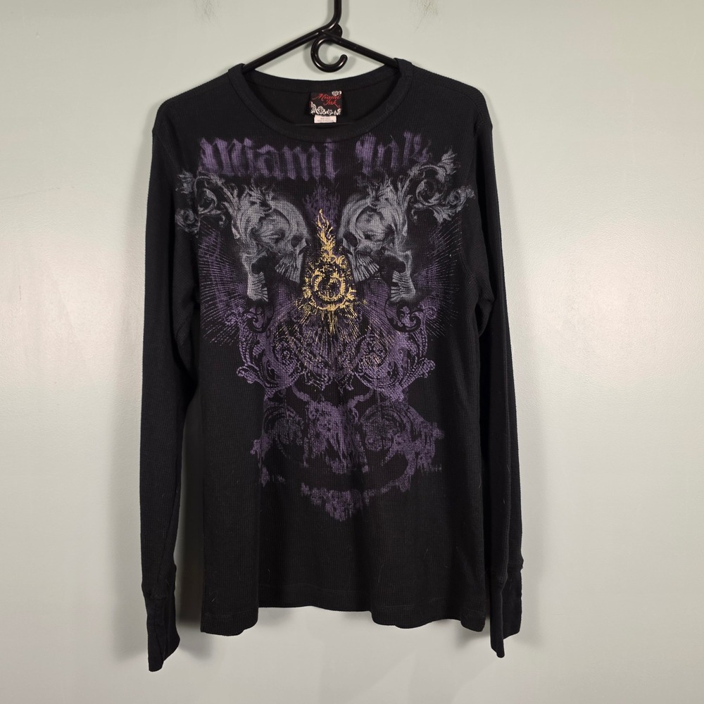 Miami Ink Mens Skulls Graphic Thermal Shirt L Black Long Sleeve Waffle Knit Y2K